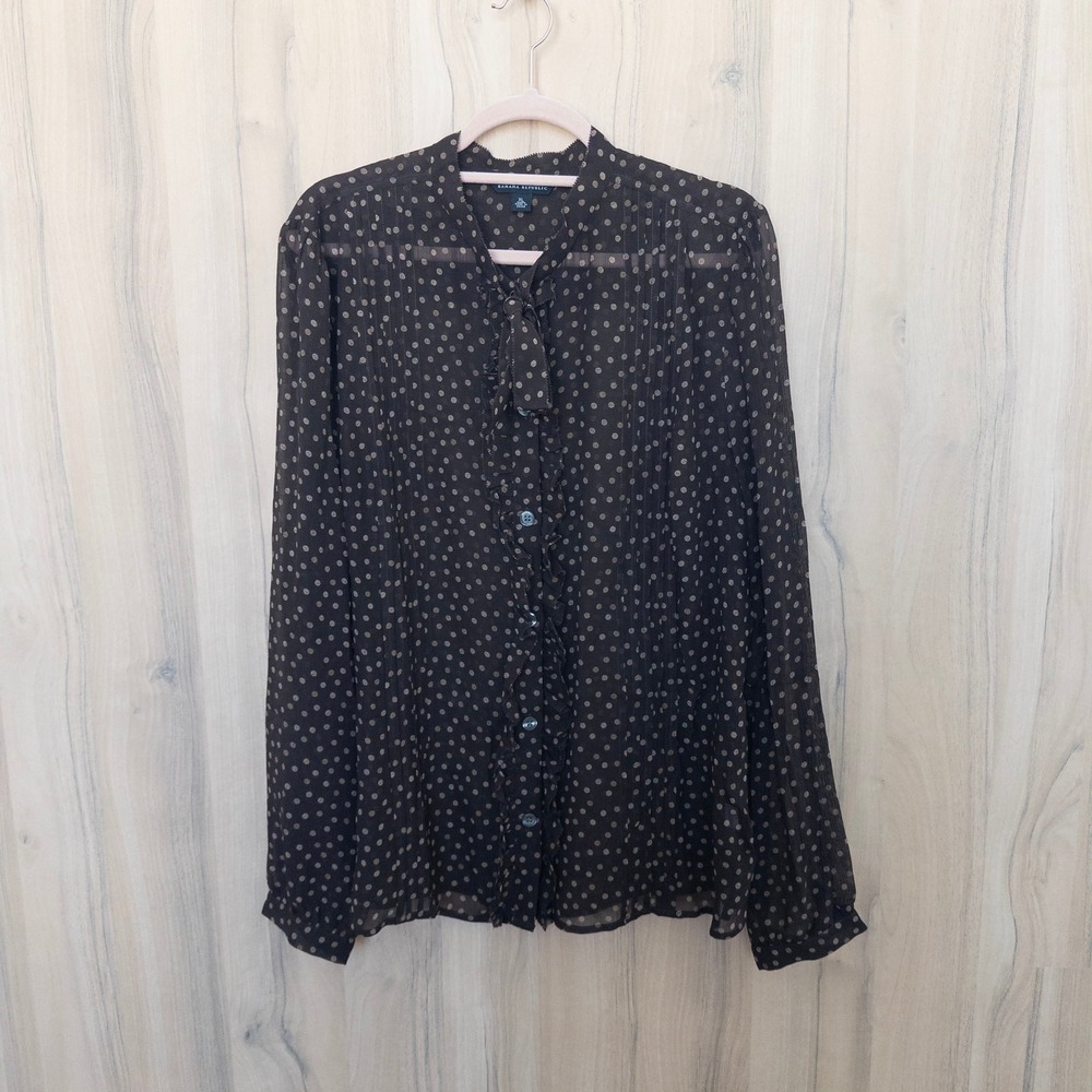 Banana Republic Womens Silk Polka Dot Blouse XL Brown Ruffle Tie Neck Retro Chic